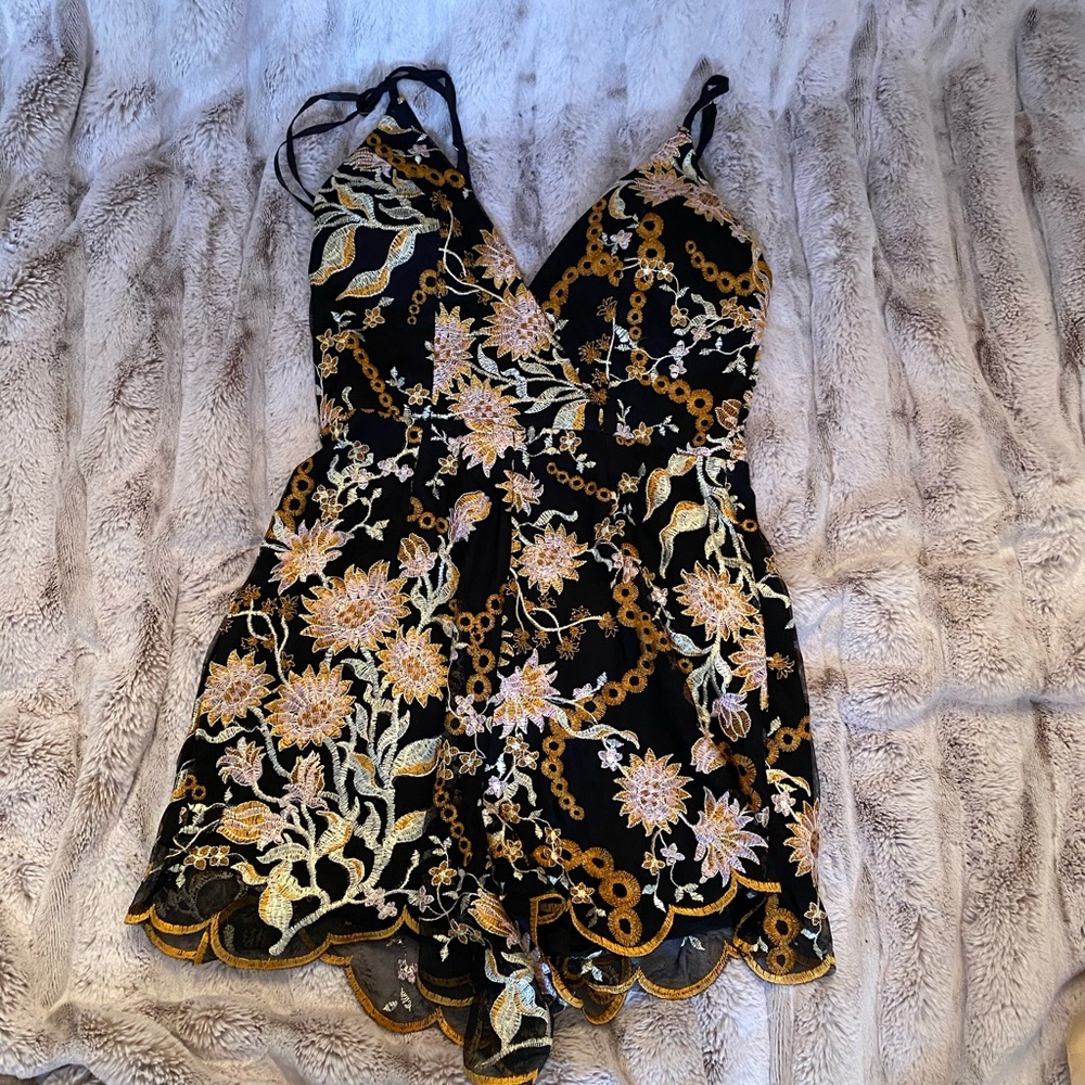 Black floral with gold romper